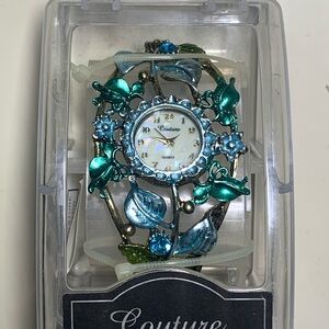 Couture Quartz Floral Watch with Blue Accents